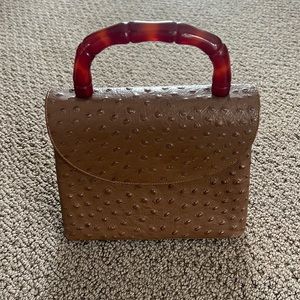 Brown Faux-Ostrich Top Handle Bag with Tortoiseshell Handle